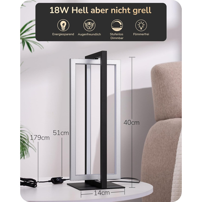 LED настільна лампа EDISHINE з дерева, торкання, регулювання яскравості та функцією пам'яті, 3 колірні температури, 350 люмен, для вітальні, офісу, подарунок (сріблястий)