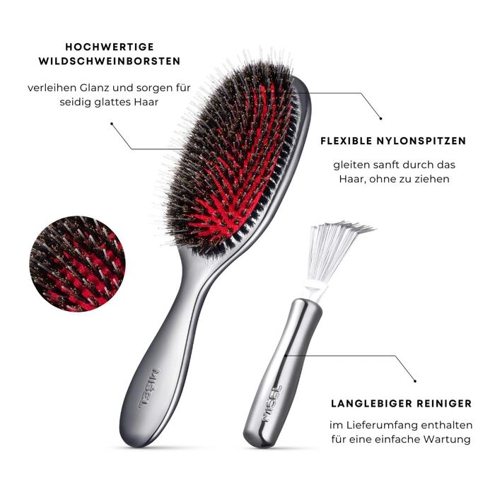Щітка для волосся з щетиною дикого кабана та засіб для чищення | MISEL | Для жінок та чоловіків | Розплутує волосся, зменшує пошкодження