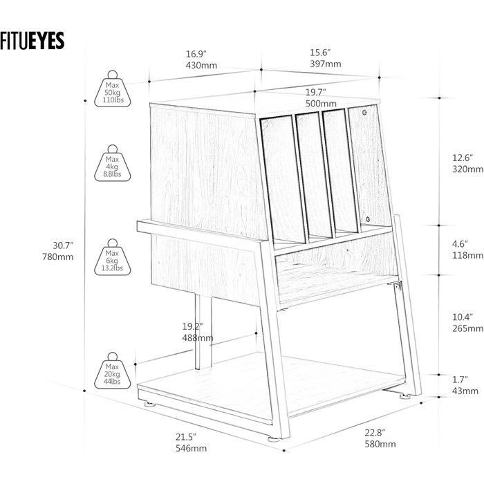 FITUEYES Полиця для програвача вінілу Eiffel Braun - компактна Hi-Fi тумба для платівок