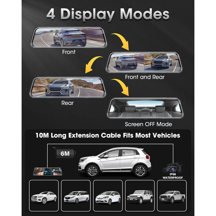 Дзеркало-відеореєстратор з камерою заднього виду Dual 1080P, 10