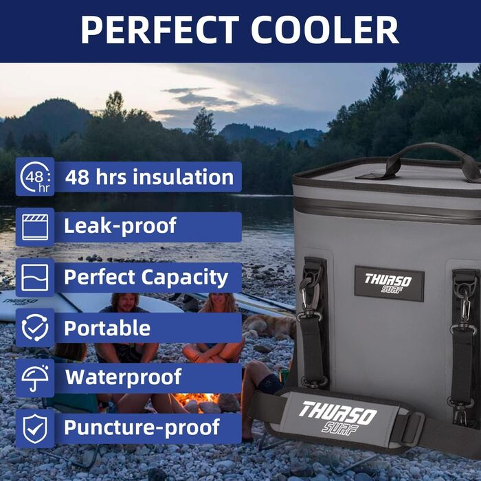 Thurso SURF Soft Cooler 24 Can — Термосумка для напоїв на 24 банки, 48 годин ізоляції, водонепроникна, для пляжу, кемпінгу, каякінгу, паделбордингу (сірий/чорний)