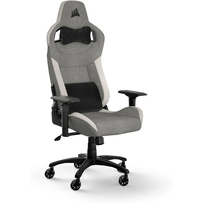 Ігрове крісло Corsair T3 RUSH 2023, тканинне, знімна подушка, підтримка попереку, сіро-біле, натхнення автоспортом, м'який матеріал, для геймерів