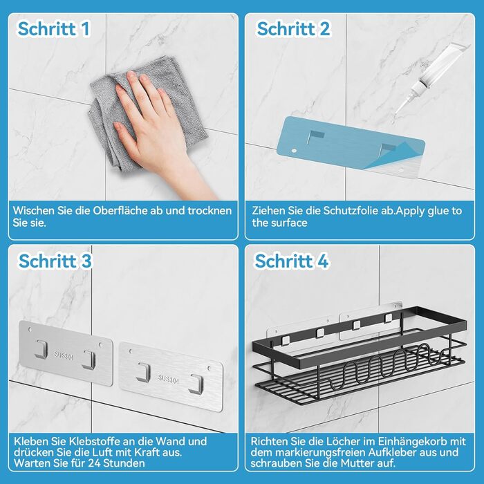 Поличка для душу без свердління, 3-секційний органайзер для душу з регульованими кошиками, нержавіюча сталь - Максимальний простір для зберігання з мильницею та 3 гачками для душу, ванної, кухні, балкону - Підставка для душу без свердління