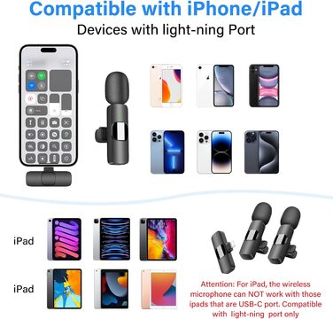 Беспроводной петличный микрофон QINOJA для iPhone, iPad: профессиональный микрофон для видеоблогинга, YouTube, TikTok (ветрозащита, 2 микрофона), пластик