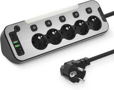 Багаторозеткова панель з вимикачами, 5-портова, з LED-нічником, з нержавіючою сталевою передньою панеллю, кутова, для кухні, з захистом від перенапруги, кабель 2м, чорна