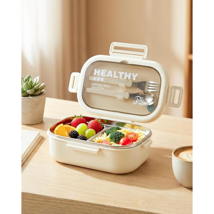 Ланчбокс Lille Home з нержавіючої сталі з 2 відділеннями, 850 мл, витокозахисний, з сумкою та столовим прибором, BPA-free (Бежевий)