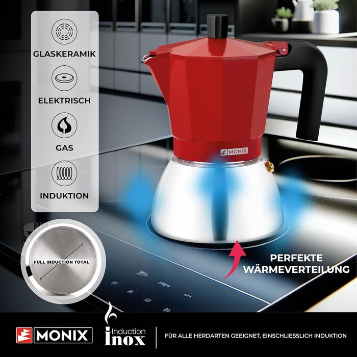 Кавоварка Monix Induction Inox для індукції, алюміній та нержавіюча сталь, 3 чашки, термостійка ручка, підходить для всіх плит, червона