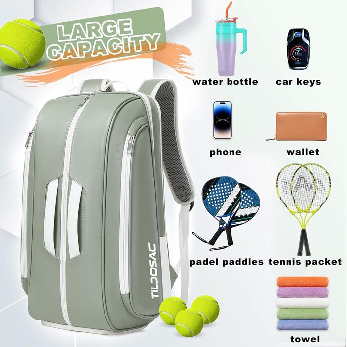 TILDOSAC Tennis Racket Bag - Large Sports Bag for Tennis, Padel, Pickleball - with Shoe Compartment, Laptop Sleeve, and Ball Sleeve