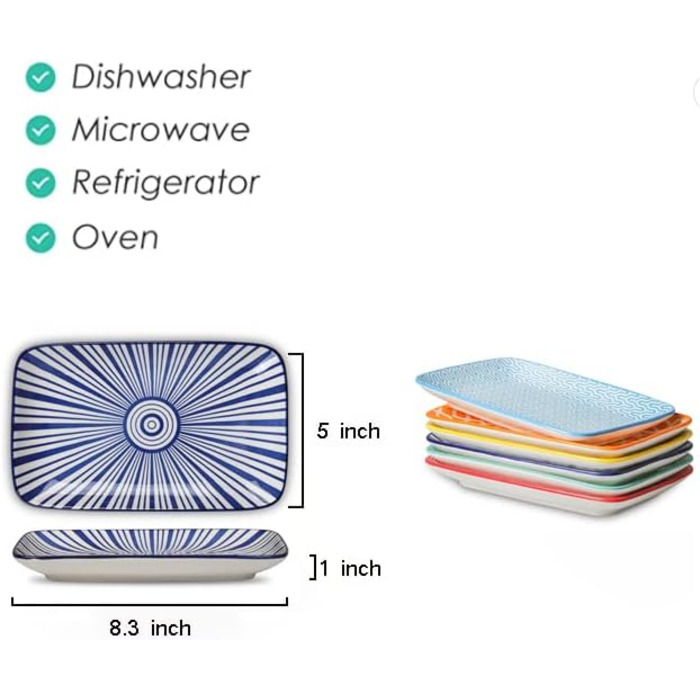 Сервіровальна тарілка Selamica 21 см, прямокутна, набір 6 шт. для подачі закусок, салатів, десертів та суші