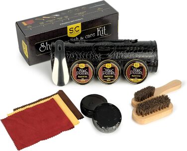 Stone & Clark 12-Piece Leather Shoe Cream & Care Set with Brown Wax, Shoe Brushes for Polishing, Compact Shoe Shine Kit with Horsehair Brushes & PU (Structured Black Kit)