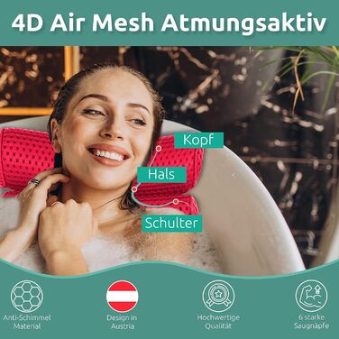 Преміальна подушка для ванни Newark – 4D дихаюча, з посиленими присосками, гачком, для шиї, червона