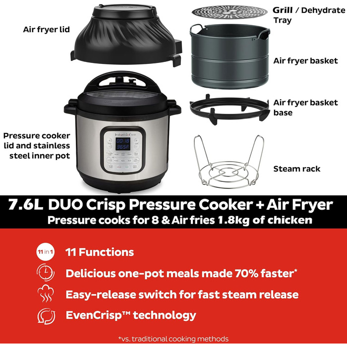 Instant Pot Duo Crisp + Air Fryer 11-in-1 Electric Multi-Cooker 7.6 L - Pressure Cooker, Air Fryer, Slow Cooker, Steamer, Sous Vide Device, Dehydrator with Grill, Keep Warm and Baking Function Silver 8 Liter Duo Crisp + Air Fryer