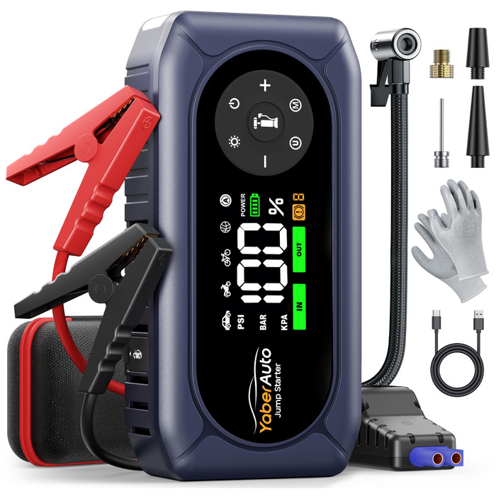 Powerbank для автомобіля YaberAuto AP02 з компресором, 150PSI, 4500A, для бензинових двигунів до 9.0L та дизельних до 8.0L, LED ліхтар 500 Lumen (4 режими), LCD дисплей 3.3