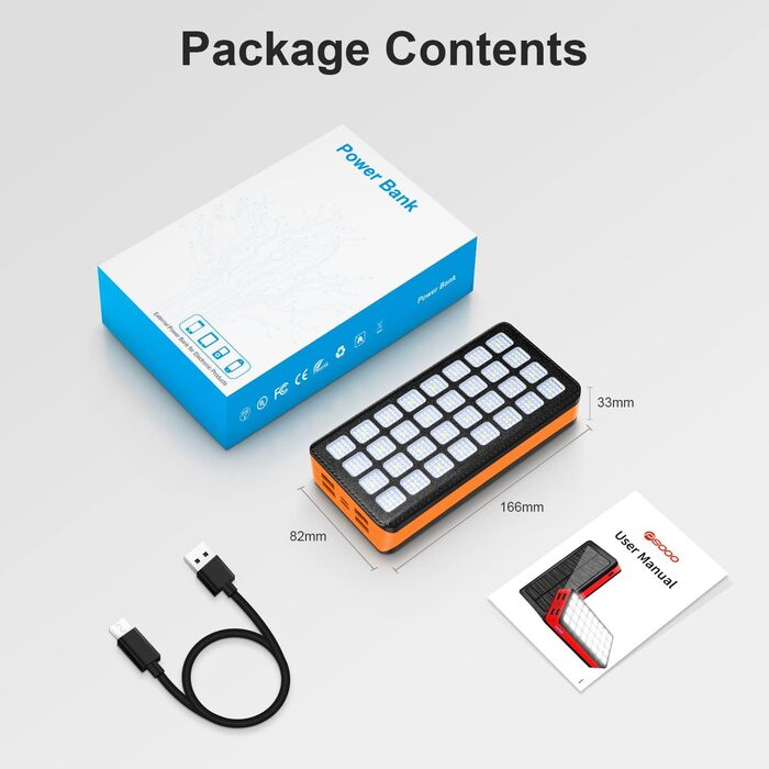 Сонячний павербанк 26800mAh з 5 виходами та 2 входами, 22.5W QC3.0, LED-ліхтар, для смартфонів, планшетів та кемпінгу