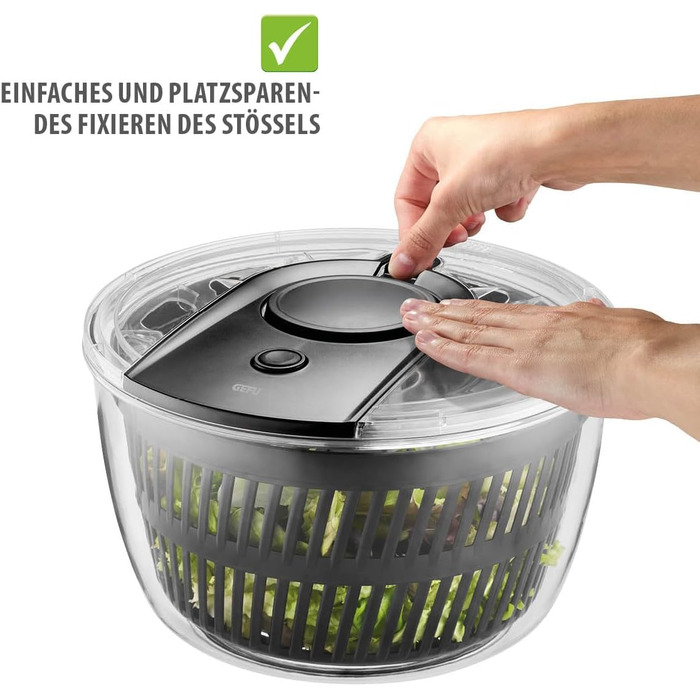 GEFU Салатниця-шпинька 5л з механізмом Push, вбудований виливний отвір та кнопка стоп, неслизька поверхня, придатна для миття в посудомийній машині, прозора