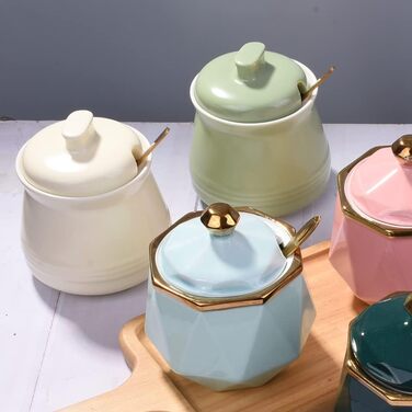 Sugar bowl with lid and spoon, ceramic sugar bowl, multifunctional sugar container, spice container, salt shaker, spice bowls, sugar bowl for kitchen, storage, organization, 280 ml (blue)