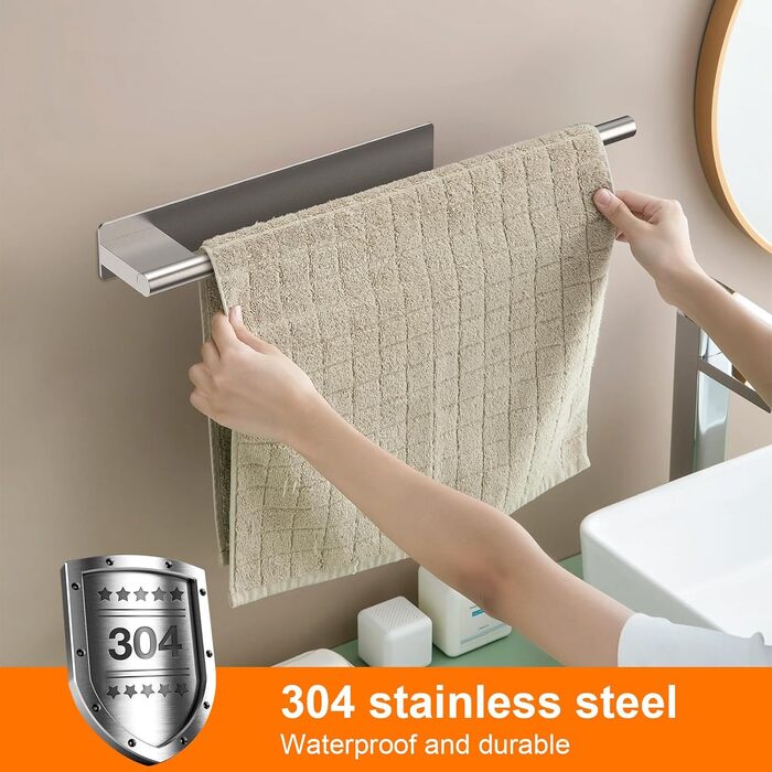 Тримач для рушників Ibergrif M34453A без свердління, 39 см, нержавіюча сталь 304, самоклеючий, срібний (39 x 6 x 4 см)