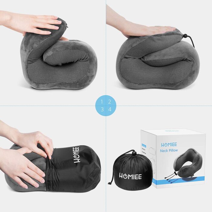 Подушка для шиї Homiee для подорожей: зручна, ергономічна, з memory foam, для автомобіля, літака, доросла (сіра)