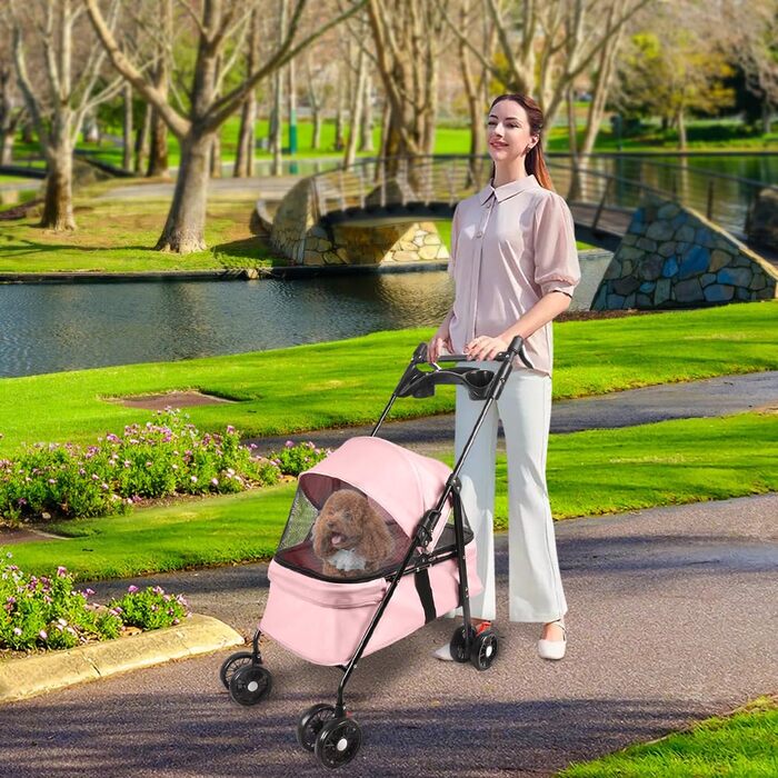 Візок для собак Homewell 2в1: візок-будка, сумка-переноска, з тримачами для напоїв, складна конструкція, гальмо, для домашніх тварин, 50x70x99 см (Рожевий)