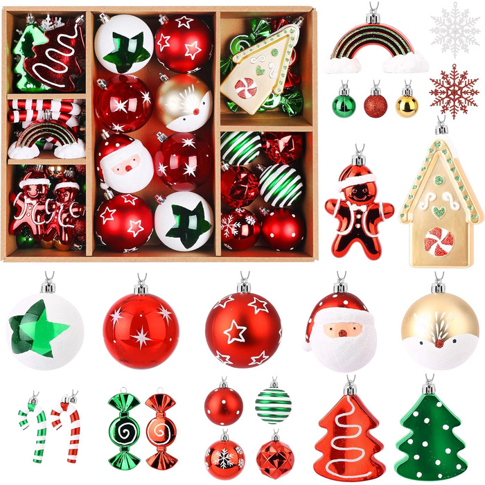 Набір прикрас на ялинку Alupssuc 65 шт. - ялинкові кулі, 4-14 см, пластик, для ялинки, святкування, вечірки, білий, золотий, червоний та зелений