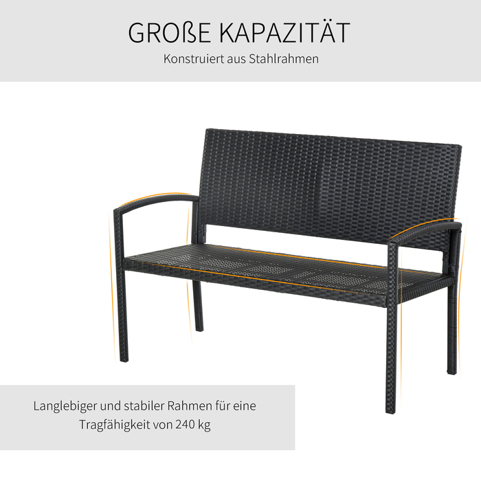 Садова лавка Outsunny з ротангу Polyrattan на 2 особи, паркова лавка зі сталевим каркасом та плетінням, чорного кольору, розміром 122 x 60 x 87 см для саду та тераси.