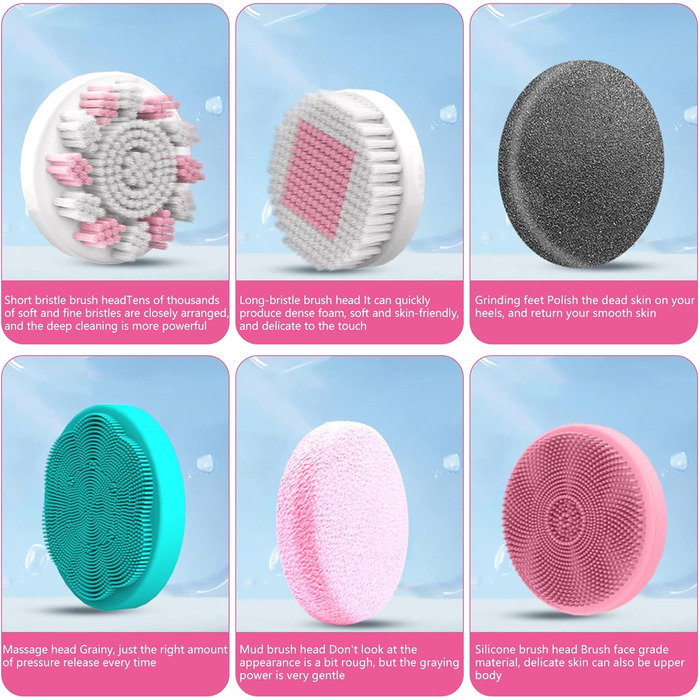 Electric Duschbürste (Shower Brush), Electric Back Brush with Long Handle, Back Brush Shower Massage Brush with 6 Cleaning Heads, Bath Brush for Spa Shower Peeling Massage Brush (Pink)
