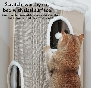 Кігтеточка-будиночок для котів велика, сіра, 42x42x33 см з подушкою та іграшкою