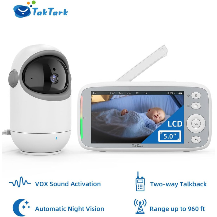 Дитячий відеоняня TakTark з камерою, 5'' IPS екран, поворот 300°, VOX, двосторонній зв'язок, нічне бачення, контроль температури