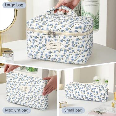 Набір косметичок для жінок: 3 шт. (великі та маленькі) - косметичка, сумочка для макіяжу, органайзер для подорожей (блакитний з квітами)