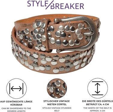 Жіночий ремінь styleBREAKER з заклепками 4 см, екошкіра, металева пряжка, вінтажний стиль для джинсів, регульований