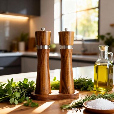 Набір з 2 мельниць для солі та перцю Ecence Holz з акації з керамічним механізмом, пензлик та підставки в комплекті