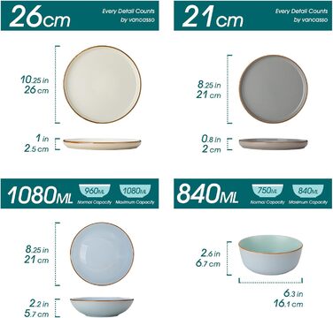 Набір посуду на 6 осіб Vancasso RENO 24-tlg: тарілки, супові тарілки, десертні тарілки, миски, комплект посуду з кераміки, 48 предметів