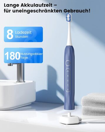 Електрична зубна щітка зі звуковою технологією, 5 режимів, таймер 30s, відбілює зуби за 2 тижні, 8 змінних насадок, IPX7, блакитна