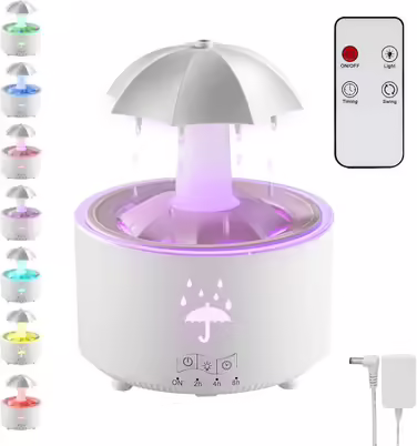 Rainfall Humidifier, Rain Cloud Humidifier, Rain Sounds for Sleeping, Rain Mushroom Lamp with 7 Color Light, Rainfall Humidifier 350ml, Oil Diffuser
