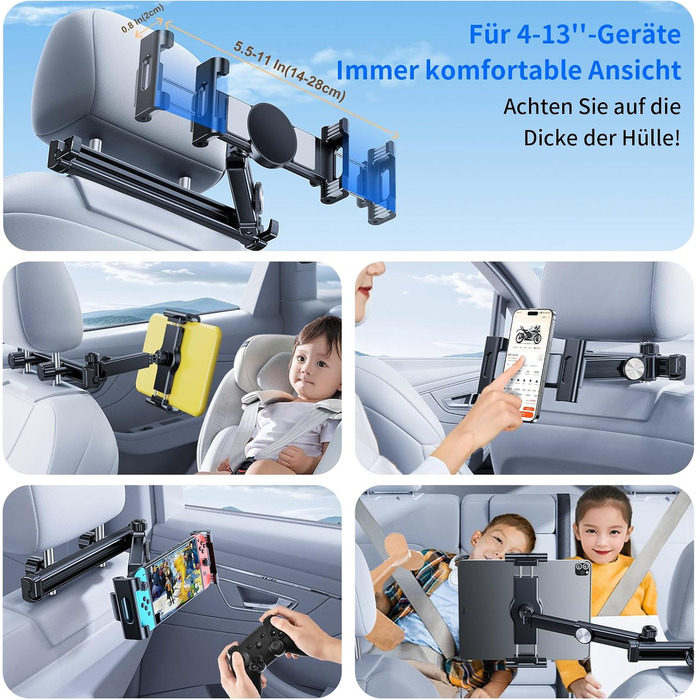 Тримач для iPad/Tablet в авто, висувний, для iPhone/Samsung/Switch/Kindle, 4-13 дюймів, з гачками, чорний