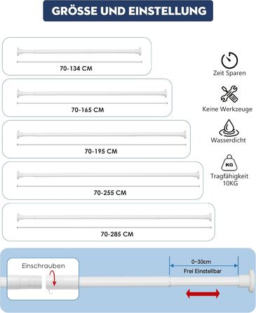 Висувна штанга для душу, штанга для душу без свердління, кріпиться без свердління, для шафи (70-195 см, білий)
