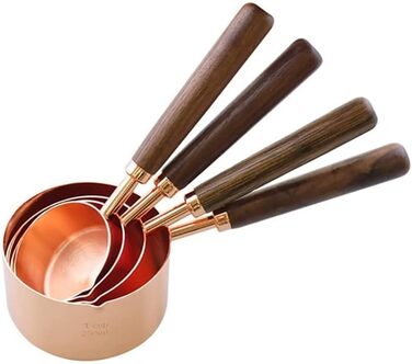 FBHappiness 4-Piece Stainless Steel Measuring Spoon Set with Walnut Handle, Copper Measuring Cup Set for Baking and Cooking