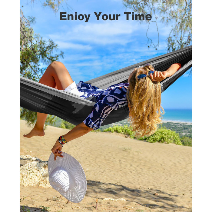 Гамак дорожній Camping 295x140 см, вантажність 350 кг, з карабінами та ременями, чорно-сірий