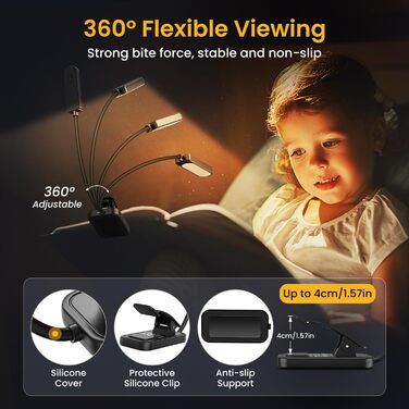 LED лампа для читання з кліпсою, захист очей, 6 LED, 3 режими яскравості (теплий/холодний/білий), USB перезарядна, 360° регульована, для читання, ліжка, офісу, подорожей, чорна