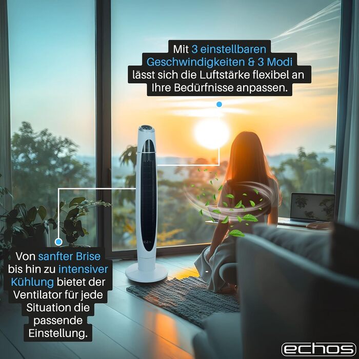 Вентилятор баштовий Echos з пультом, 3 режими, 60 Вт, таймер до 8 год, LED-підсвічування, 3 швидкості