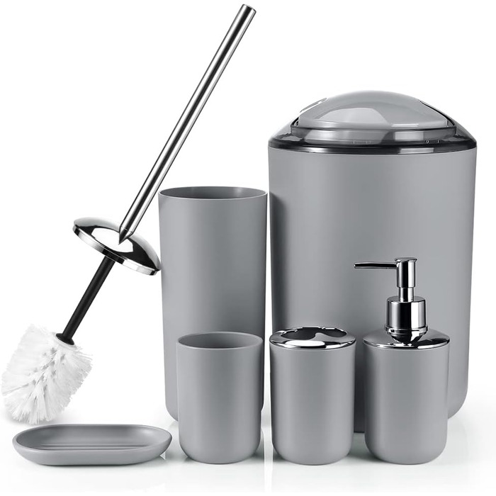 Набір аксесуарів для ванної кімнати Otostar сірого кольору: бамбук, тримач для ватних паличок, дозатор мила, тримач для зубних щіток, миска для мила, тримач для унітазу, сміттєвий бак, пластик (6 предметів)