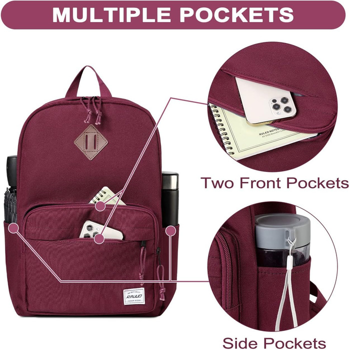 Шкільний рюкзак RAVUO для підлітків, легкий рюкзак для дівчат, денний рюкзак, повсякденна шкільна сумка для університету, школи, подорожей, роботи, бургундський, червоний