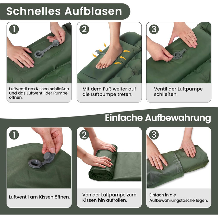 Каремат самонадувний туристичний Tuocal Isomatte, 9 см, з подушкою, з насосом, антиковзаюча поверхня, для кемпінгу, відпочинку на природі, подорожей, намету (армійний зелений)