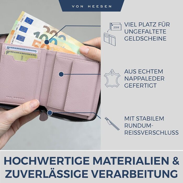 Шкіряний гаманець VON HEESEN з RFID-захистом, для чоловіків і жінок, з монетницею, лаванда