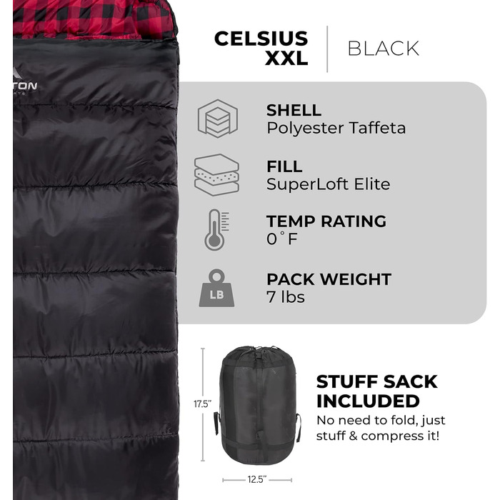 Сплячий мішок TETON Sports Celsius XXL; Великий для сімейного кемпінгу; Безкоштовний компресійний мішок, Чорний