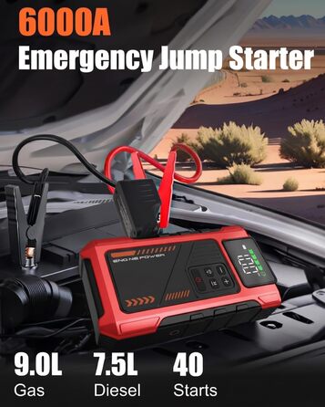 Powerbank для автомобіля з компресором 150 PSI та пусковим струмом 6000A (до 9.0л бензин/7.5л дизель), Jump Starter 12V з LCD дисплеєм, LED ліхтарик, червоний