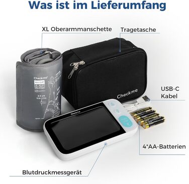 Тонометр на плече CheckMe з великим екраном, Bluetooth, виявлення аритмії, для вагітних та діабетиків, 22-45 см, чорний