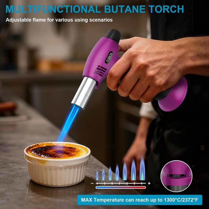 Наповнюваний пальник для крем-брюле, міні-пальник з безпечним затвором та регульованим полум'ям для десертів, BBQ, фіолетово-чорний