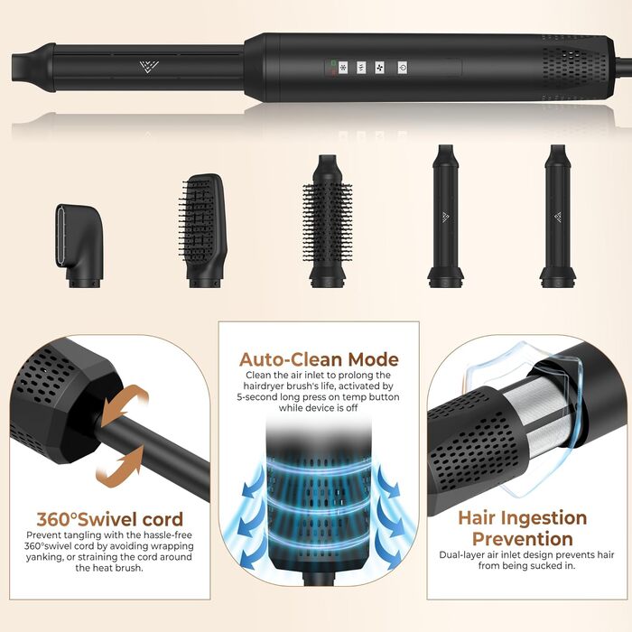 Набір для укладки волосся 6 в 1: фен-щітка, плойка, випрямляч, термощітка, фен, для всіх типів волосся (Чорний)