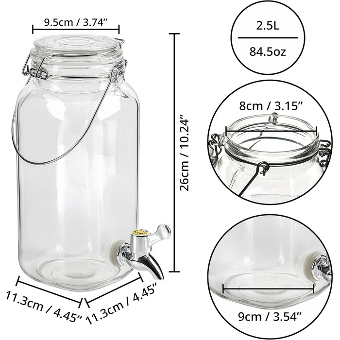 Скляний диспенсер для напоїв Belle Vous з краном - 2,5 л - Скляний диспенсер для води, соку, коктейлів, молока та айті (холодного чаю) - Ретро диспенсер для вечірок, пікніків та барбекю